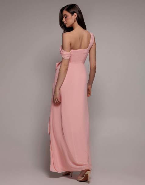 Goddiva One shoulder cowl with bow detail maxi dress in blush - view 1