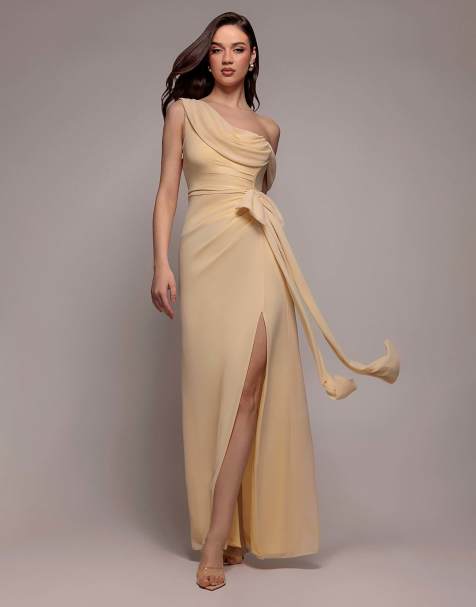Goddiva One shoulder cowl with bow detail maxi dress in butteryellow - view 1