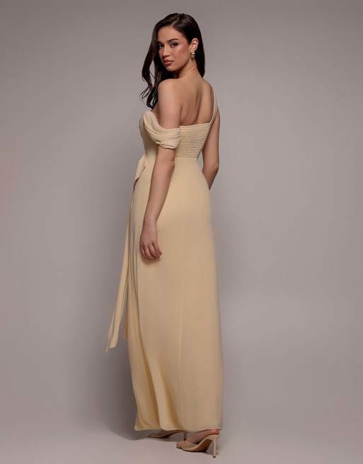 Goddiva One shoulder cowl with bow detail maxi dress in butteryellow, 3 of 4