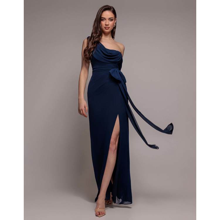 Goddiva One shoulder cowl with bow detail maxi dress in navy | ASOS