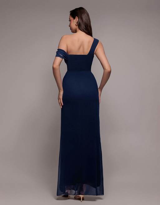 princess polly baby blue dress Goddiva One shoulder cowl with bow detail maxi dress in navy