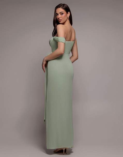 Goddiva One shoulder cowl with bow detail maxi dress in sagegreen - view 1