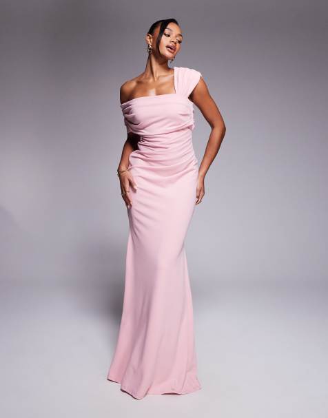 Goddiva One shoulder crepe evening maxi dress in blush pink in scuba style fabric - view 1