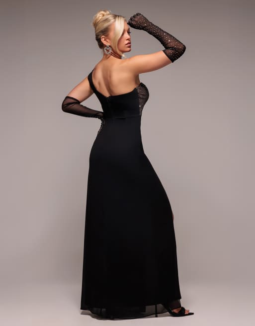 Goddiva One shoulder diamante chiffon evening maxi dress in black | ASOS