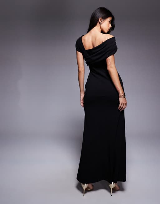 Goddiva One shoulder evening maxi dress in black