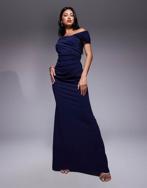 Goddiva One shoulder evening maxi dress in navy - view 1
