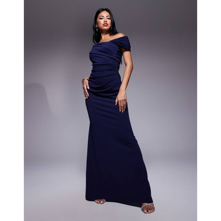 Goddiva One shoulder evening maxi dress in navy | ASOS