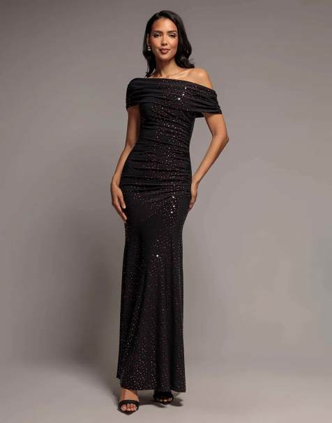 Goddiva One shoulder fit and flare sequin maxi dress in black red - view 1