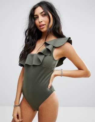 one shoulder frill bikini