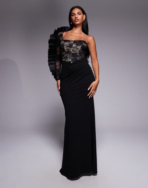 Goddiva One shoulder organza  fan detail lace bodice maxi dress in black