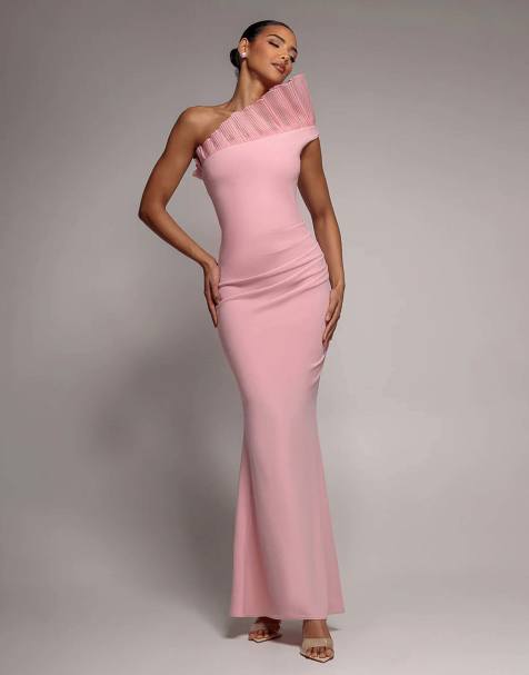 Goddiva One shoulder organza frill pleated mermaid maxi dress in blush - view 1