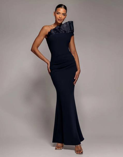Goddiva One shoulder organza frill pleated mermaid maxi dress in navy - view 1