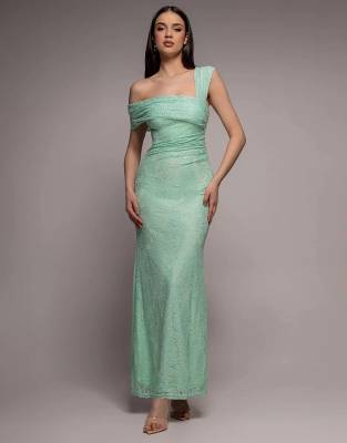 Goddiva One shoulder pleated bardot lace maxi dress in mint
