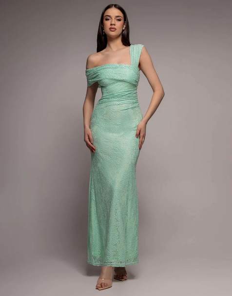 Goddiva One shoulder pleated bardot lace maxi dress in mint - view 1