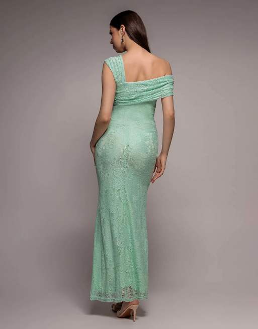 Goddiva One shoulder pleated bardot lace maxi dress in mint, 2 of 4