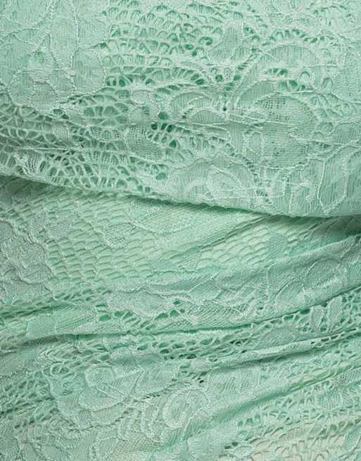 Goddiva One shoulder pleated bardot lace maxi dress in mint, 4 of 4