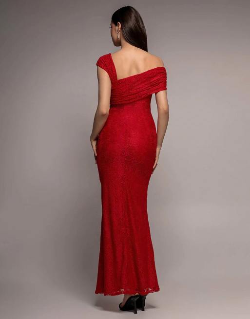 Goddiva One shoulder pleated bardot lace maxi dress in red, 2 of 4