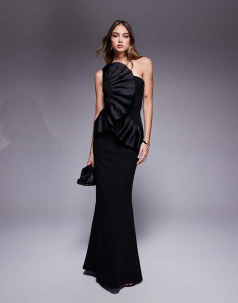 Goddiva One shoulder pleated fan maxi dress in black