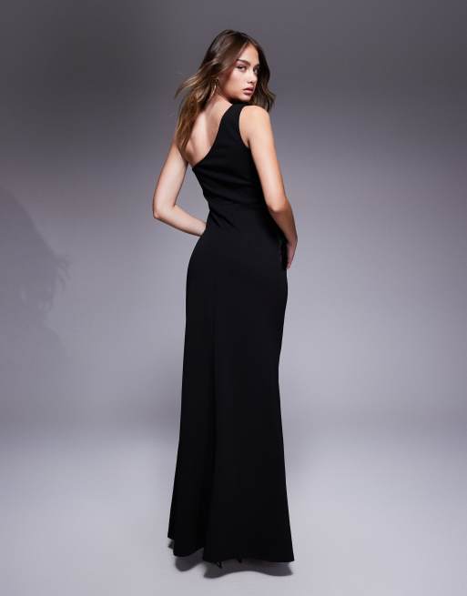 Goddiva One shoulder pleated fan maxi dress in black | ASOS