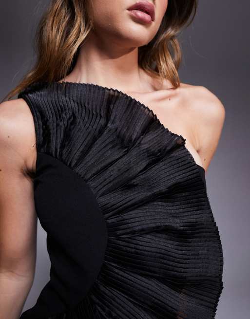 Goddiva One shoulder pleated fan maxi dress in black | ASOS