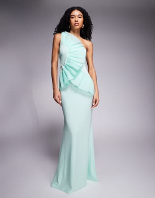 Goddiva One shoulder pleated fan maxi dress in mint-Green