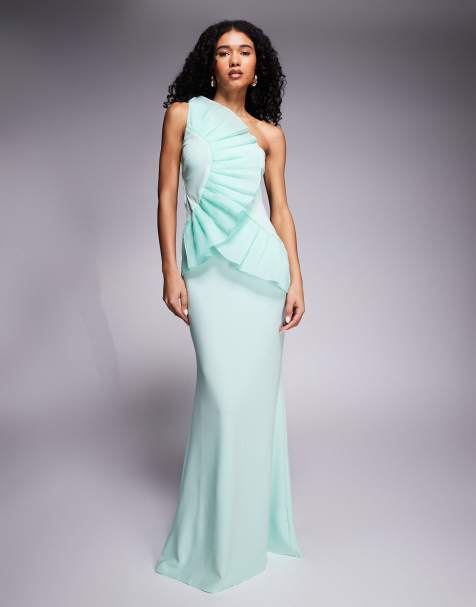 Goddiva One shoulder pleated fan maxi dress in mint - view 1
