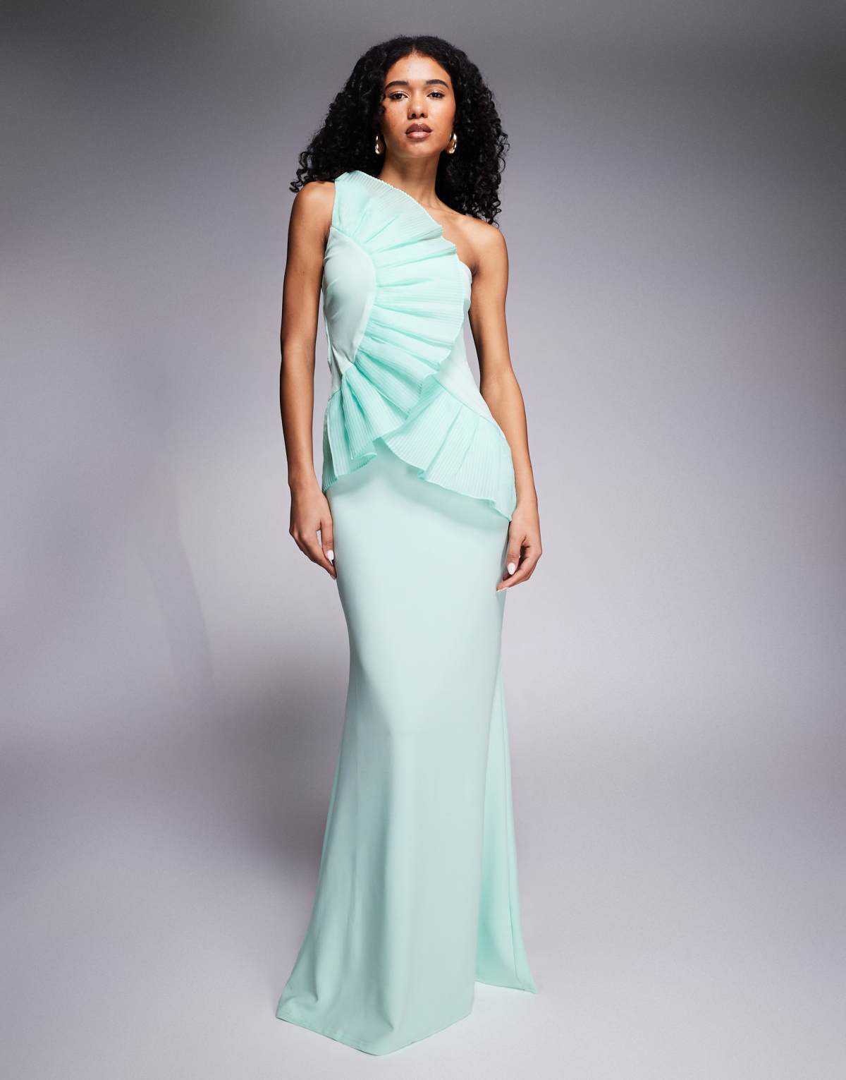 Goddiva One shoulder pleated fan maxi dress in mint