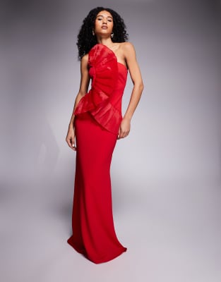 Goddiva One Shoulder Pleated Fan Maxi Dress In Red