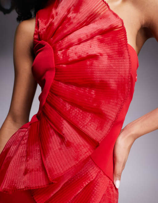 Goddiva One shoulder pleated fan maxi dress in red, 2 of 4