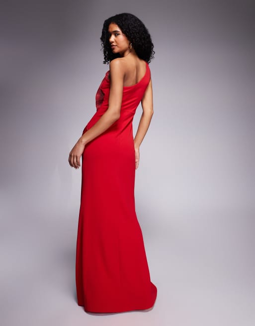 Goddiva One shoulder pleated fan maxi dress in red, 3 of 4