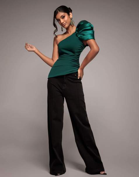 Goddiva One shoulder puffed satin sleeve asymmetric top in emeraldgreen - view 1