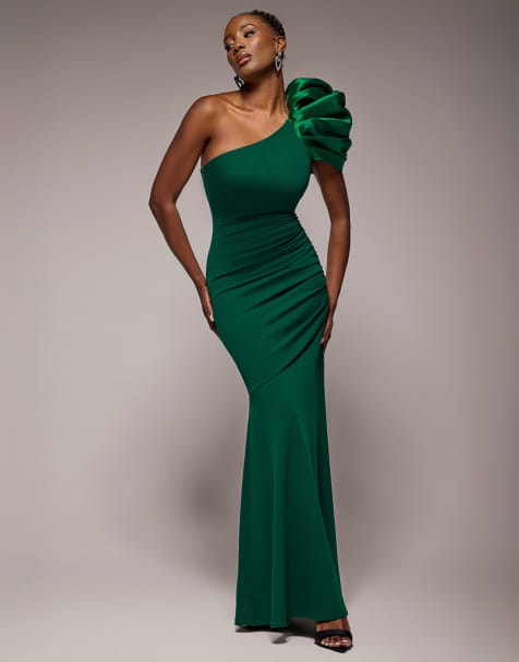 Goddiva One shoulder puffed satin sleeve evening maxi dress in emeraldgreen - view 1