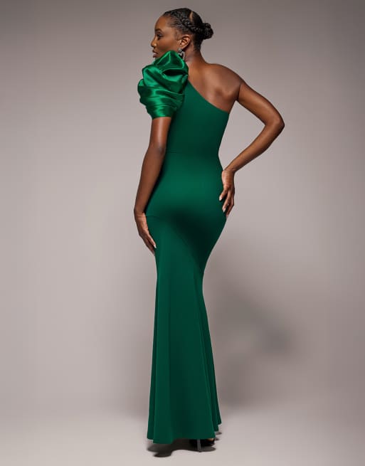Goddiva One shoulder puffed satin sleeve evening maxi dress in emeraldgreen  | ASOS