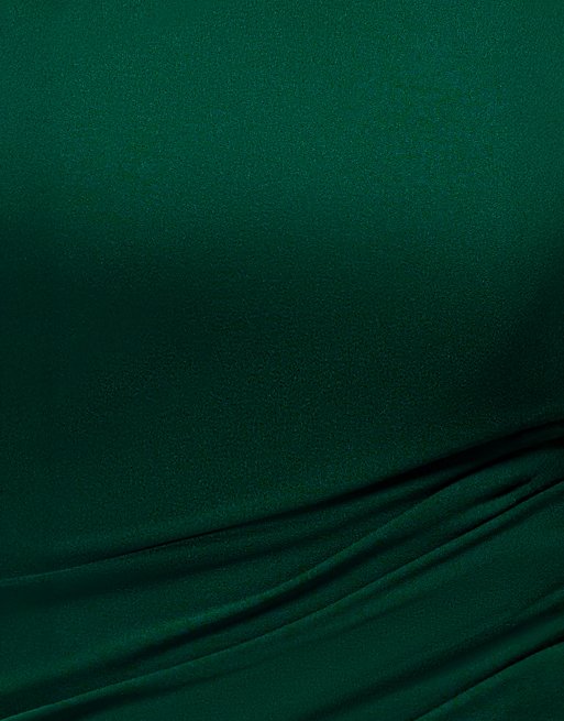 Goddiva One shoulder puffed satin sleeve evening maxi dress in emeraldgreen, 3 of 4