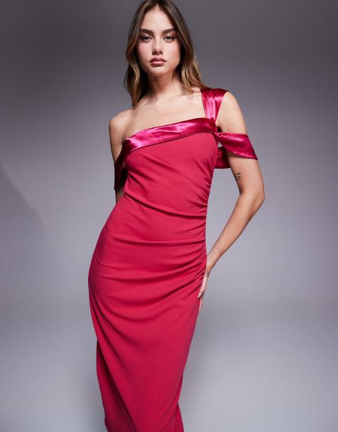 Goddiva One shoulder satin band bodycon midi dress in magenta