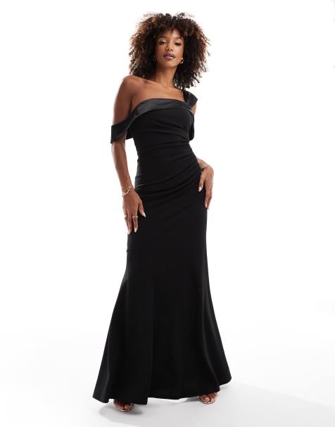 Goddiva One shoulder satin band maxi dress in black