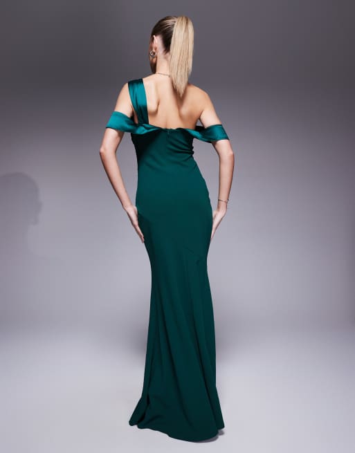 Goddiva One shoulder satin band maxi dress in emeraldgreen, 4 of 4