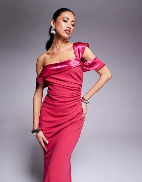 Goddiva One shoulder satin band maxi dress in magenta - view 1