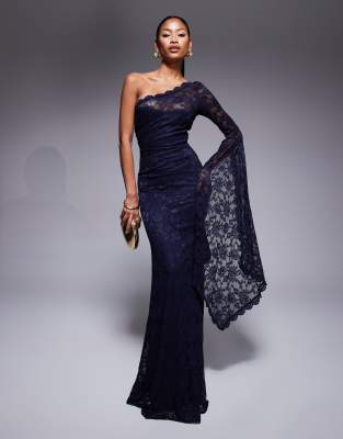 Goddiva One shoulder scalloped neck maxi dress in black-Navy