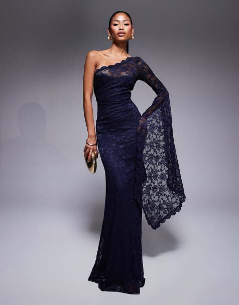 Goddiva One shoulder scalloped neck maxi dress in black - view 1