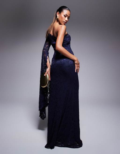 Goddiva One shoulder scalloped neck maxi dress in black | ASOS
