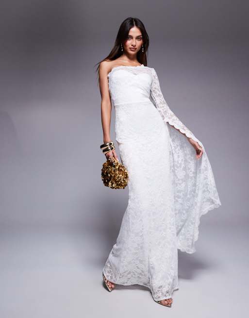 Goddiva One shoulder scalloped neck maxi dress in white
