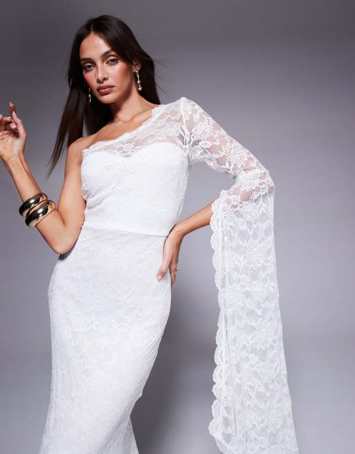 Goddiva One shoulder scalloped neck maxi dress in white | ASOS