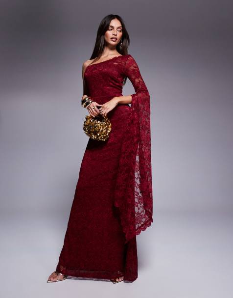 Goddiva One shoulder scalloped neck maxi dress in wine