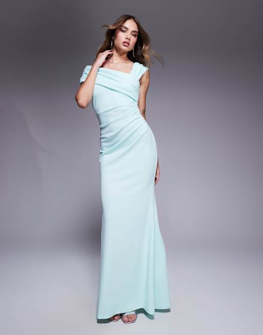 Goddiva One shoulder scuba crepe evening maxi dress in mint