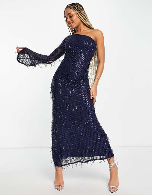 Goddiva one shoulder sequin maxi dress in navy