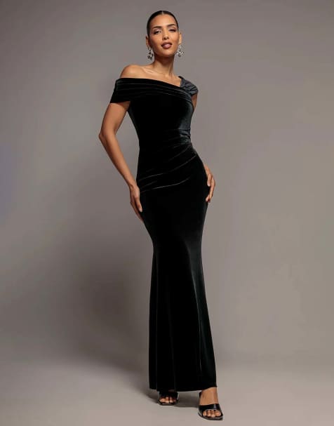 Goddiva One shoulder velvet maxi dress in black - view 1