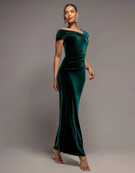 Goddiva One shoulder velvet maxi dress in emeraldgreen