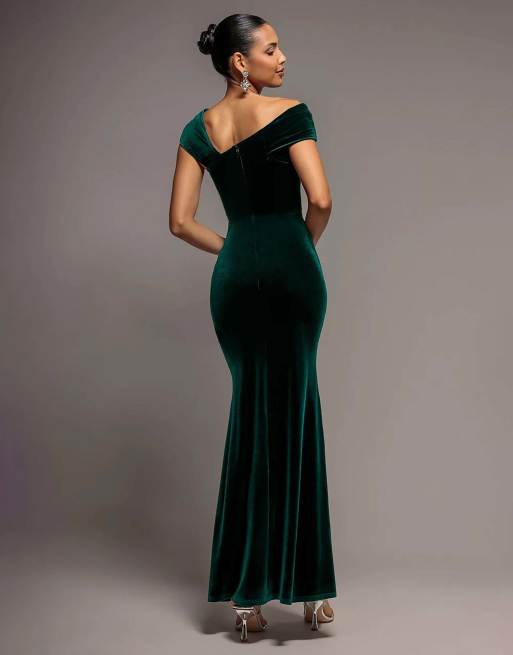 Goddiva One shoulder velvet maxi dress in emeraldgreen, 2 of 4