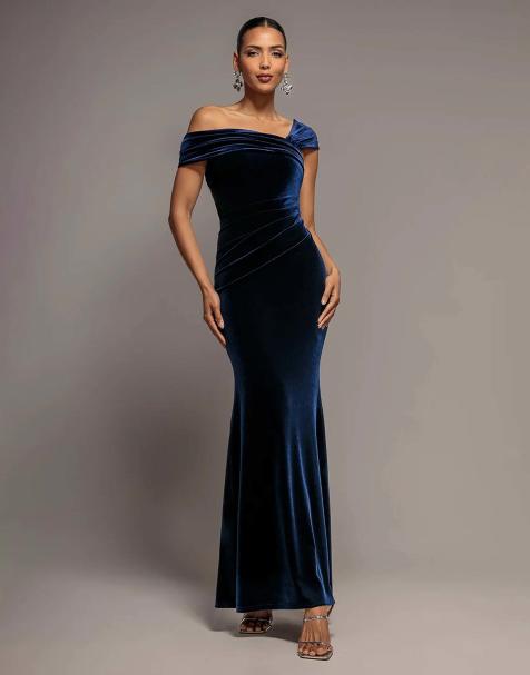Goddiva One shoulder velvet maxi dress in navy - view 1